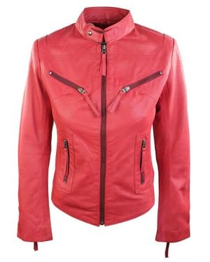 TruClothing Real Leather Vintage Slim Fit Biker Jacket - Pink