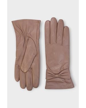 Infinity Leather Nude Italian Leather Soft Wool Lining Winter Bow Design Driving Gloves - Brown
