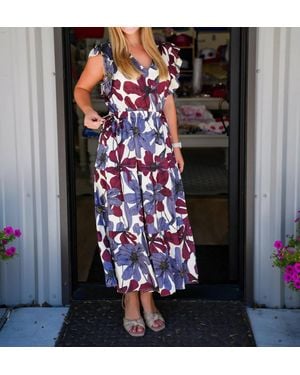 Doe And Rae Floral Satin Ruffle Tiered Midi Dress - Blue
