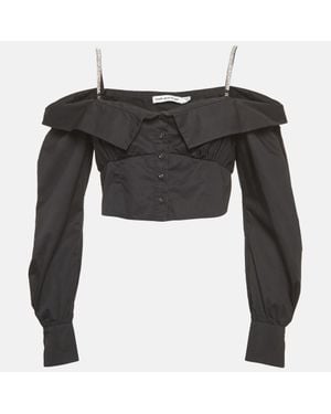 Self-Portrait Cotton Embellished Off Shoulder Crop Top - Black