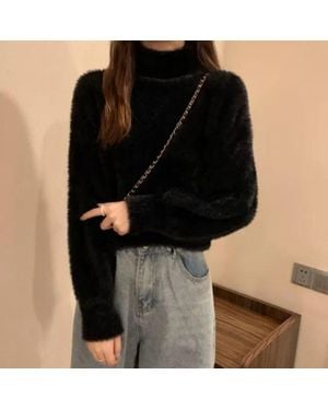 TRUEDAMES High-Neck Faux Fur Knit Sweater - Black