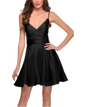 La Femme Satin V-Neck A-Line Cocktail Little Dress - Black