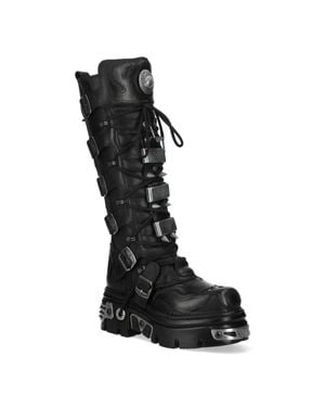 New Rock M-161-C10 Knee High Leather Spiked Gothic Boots - Black