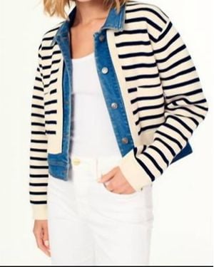 J. Society Striped Denim Trim Jacket Sweater - Blue
