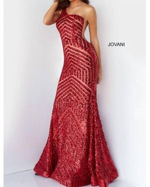 Jovani One Shoulder Beaded Dress - Red