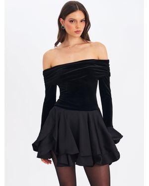 Miss Circle Magnolia Off-Shoulder Layered Satin Mini Dress - Black