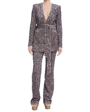 Badgley Mischka Sequin V-Neck Wrap Jacket And Pants - Gray