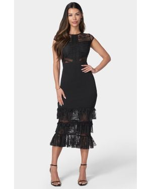 Bebe Tiered Lace A-Line Midi Dress - Black