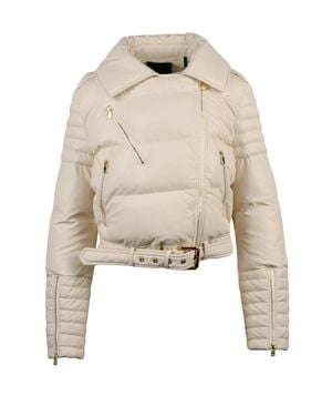 Pinko Cropped Biker Jacket With Leather Effect And Accents - Natural