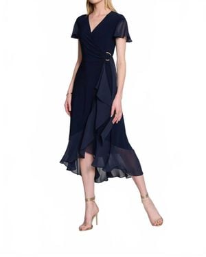 Joseph Ribkoff Knee Length V-Neck Wrap Dress - Blue