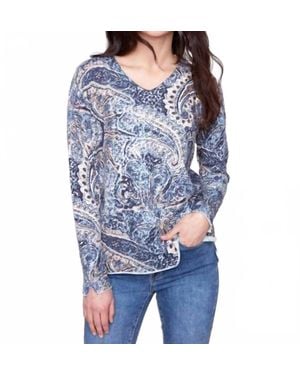 Charlie b Printed Plushy Yarn V-Neck Sweater - Blue