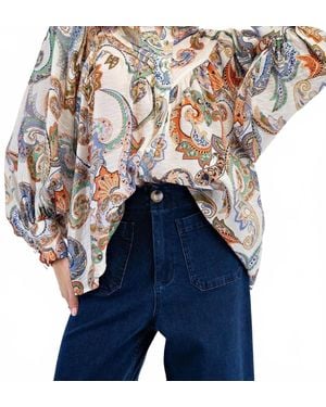 Eesome Paisley Printed Bubble Sleeve Top - Blue