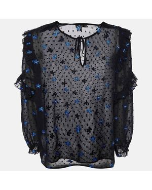 Maje Dotted Embroidered Crepe Ruffled Top - Blue