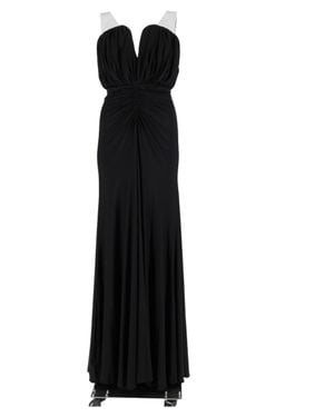 Self-Portrait Long Deep V-Neck Ruched Evening Dress - Black