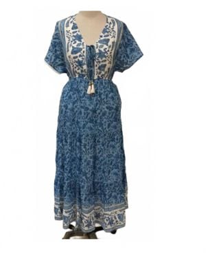 Sal Rosa Katherine Cotton Silk V-Neck Maxi Dress - Blue