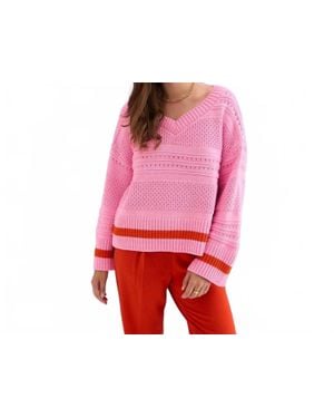 Cara & The Sky Judith Pointelle Stitch V Neck Sweater - Red