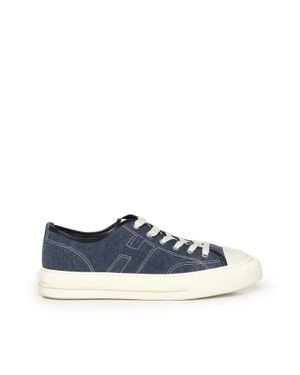 Hogan Denim-Textured Low-Top Sneakers With Embossed Logo - Blue