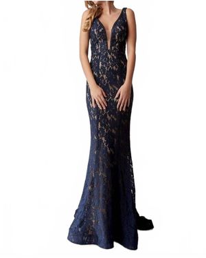 Jasz Couture Beaded Lace Deep V-Neck Sheath Dress - Blue