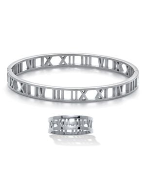 Palmbeach Jewelry Roman Numeral Stainless Steel Bracelet And Ring Set - Metallic