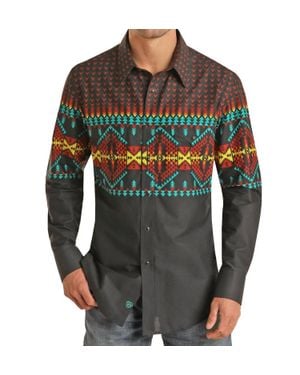 Panhandle Rock & Roll Long Sleeve 2 Pocket Border Woven Snap Shirt - Green