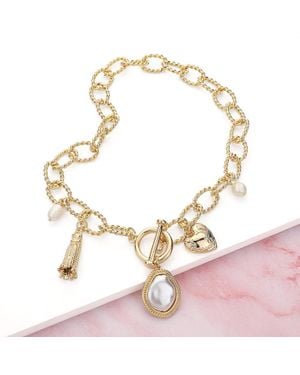 Fashnzfab Pearl Metal Heart Tassel Charm Station Chunky Chain Toggle Necklace - Metallic