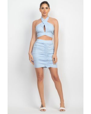 Fashnzfab Cross Halter Top & Ruched Skirts Set - Blue
