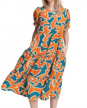 Jade By Jane Beautiful Chaos Tiered Short Sleeve A-Line Midi Dress - Orange