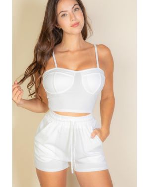 TRUEDAMES Fashnzfab Bustier Cami Top & Slant Pocket Wide Shorts - White