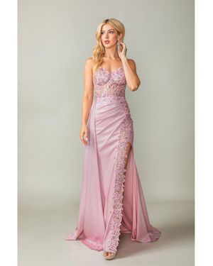 DQ Spaghetti Strap Glitter Gown With Lace-Up Back And Cascading Side Ruffle Prom Dress - Pink