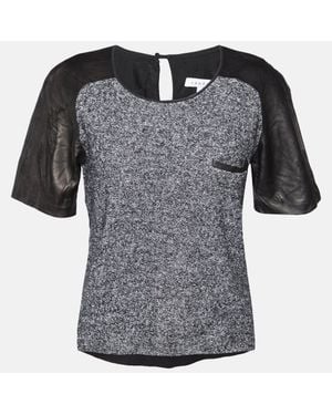 Sandro Terry & Leather Short Sleeve Blouse - Gray