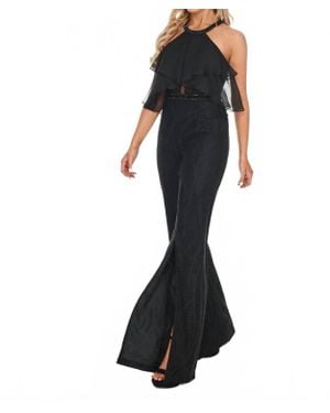 Rachel Allan Chiffon Halter Neck Lace Jumpsuit - Black