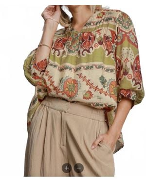 Umgee Border Print Notched 3/4 Puff Sleeve Blouse - Brown