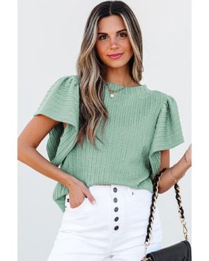 TRUEDAMES Solid Color Textu Flutter Sleeve Top - Green