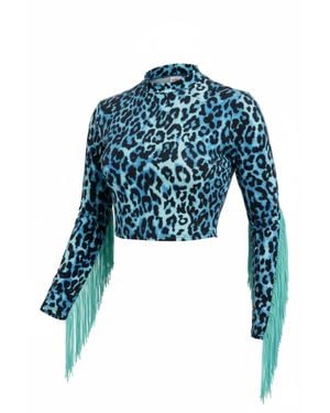 Lucky & Blessed Leopard Long Sleeve Fringe Crop Top - Blue
