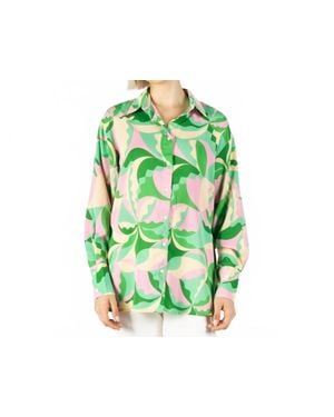 Before You Collection Kaleidoscope Print Satin Button Up Shirt - Green