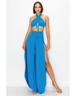 TRUEDAMES Comfort Modal Bra Top And Side Slit Pant Set - Blue