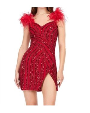 Ashley Lauren Sweetheart Feather Straps Beaded Dress - Red