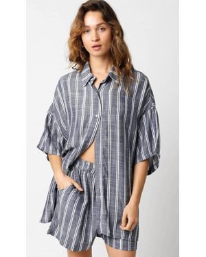 Olivaceous Olivia Short Sleeve Button Down Top - Blue