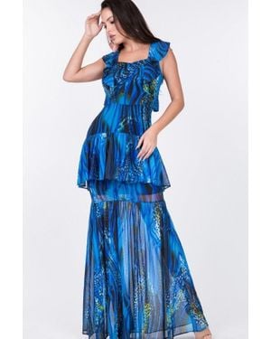 TRUEDAMES Fashnzfab Ruffle Sleeve Tiered Bottom Print Long Dress - Blue