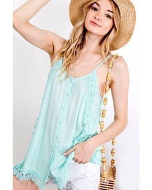 TRUEDAMES Boho Scallop Lace Trim Detailed Button Down Solid Subtle Textured Slit Side Overlay Layered Cami Top - Blue