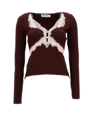 Self-Portrait Lace Knit Top - Brown