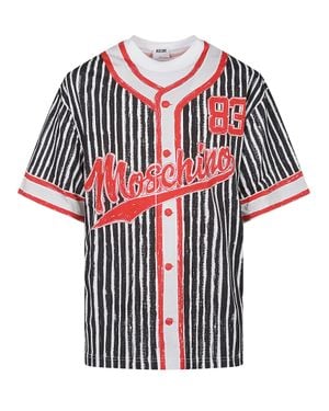 Moschino Stripe Logo Printed Cotton T-Shirt - Red