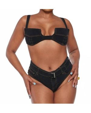 Circular Path Pocket Denim Bikini Top - Black
