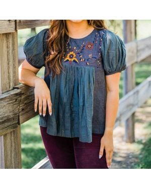 Layerz Clothing Floral Embroidered Short Sleeve Top - Blue