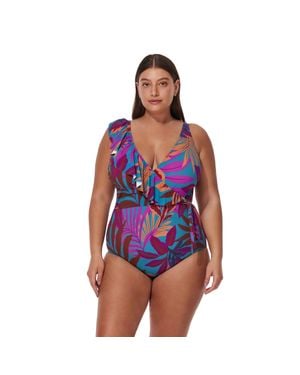 Gottex Plantopia Plus Size V-Neck Surplice Ruffle One Piece - Blue