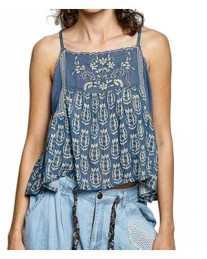 Pol Camisole Printed Embroidered Woven Top - Blue