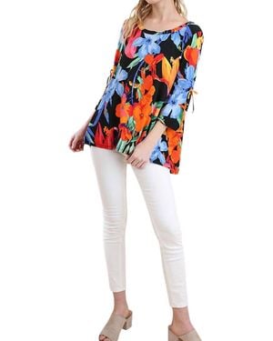 Umgee Floral Cutout Shoulder Top - Black