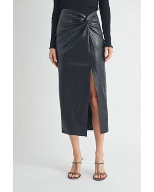 Aiblee Twist Waist Faux Leather Midi Skirt - Black
