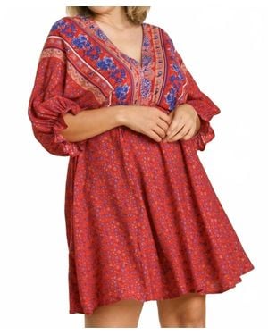 Umgee Mixed Print Bohemian Dress - Red