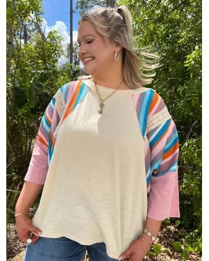 Easel Mineral Wash Quarter Sleeves Stripe Top - Green